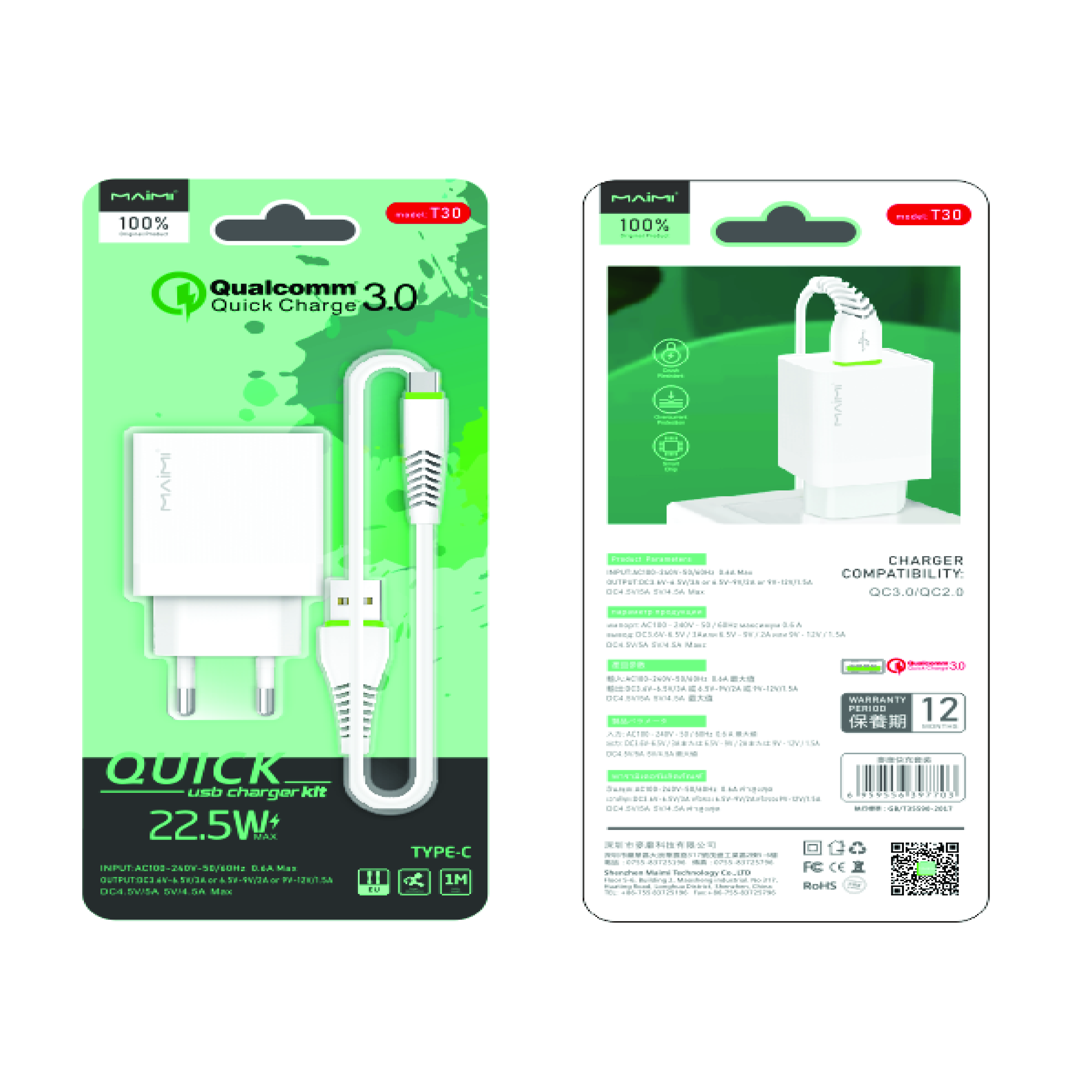 SMARTCHARGER KIT MAIMI-T30-TYPE C-22.5W QC 3.0-SINGLE USB-KABEL DATA X29 TYPE C-WHITE ORIGINAL